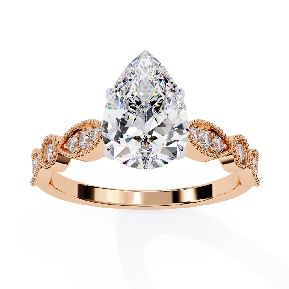 Rose Gold engagement ring with pear diamond and Milgrain details