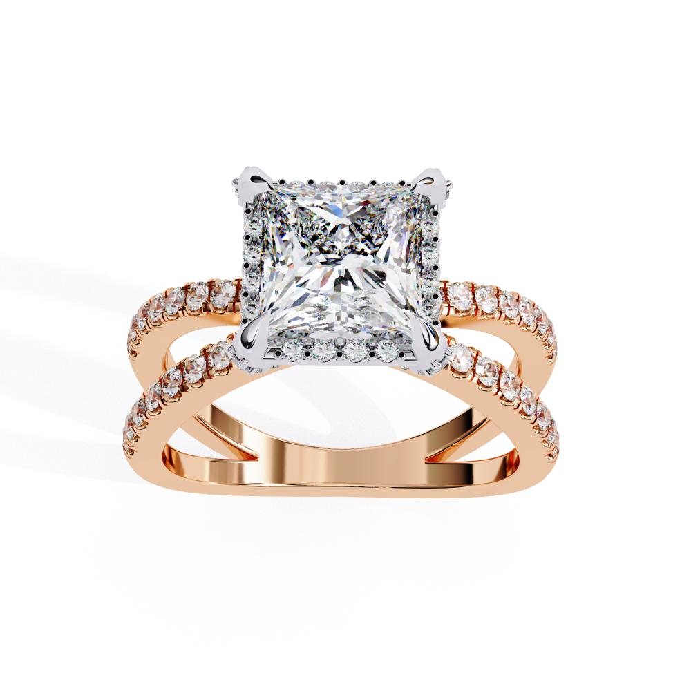 Princess halo diamond engagement ring in rose gold with crossover design