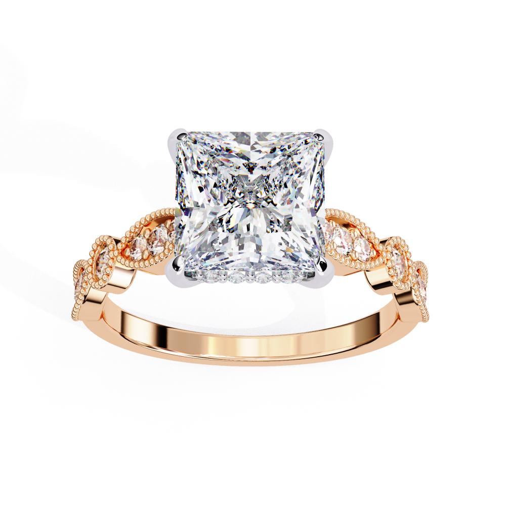 Rose Gold engagement ring with princess diamond and Milgrain details