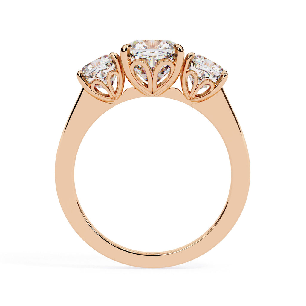 Three-stone cushion cut diamond ring in rose gold – affordable engagement ring