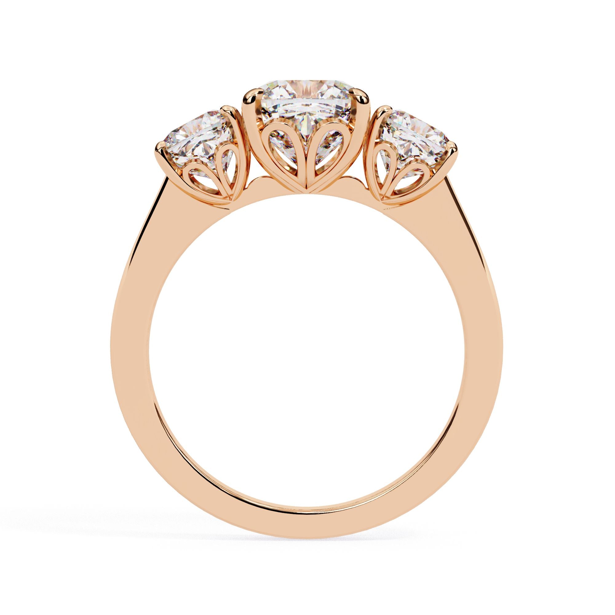 Three-stone cushion cut diamond ring in rose gold – affordable engagement ring