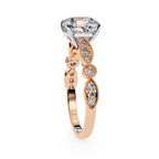 Elegant rose gold Milgrain Cathedral engagement ring with cushion-cut diamond