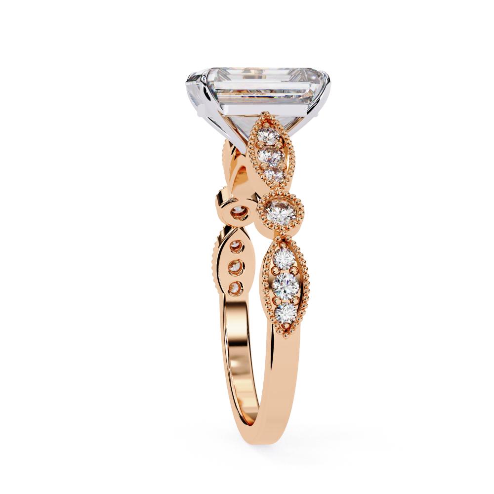 Elegant rose gold Milgrain Cathedral engagement ring with radiant diamond