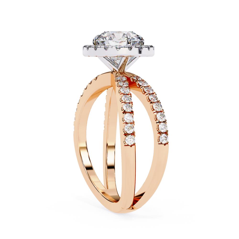 The Round Halo Crossover Engagement Ring in Gold