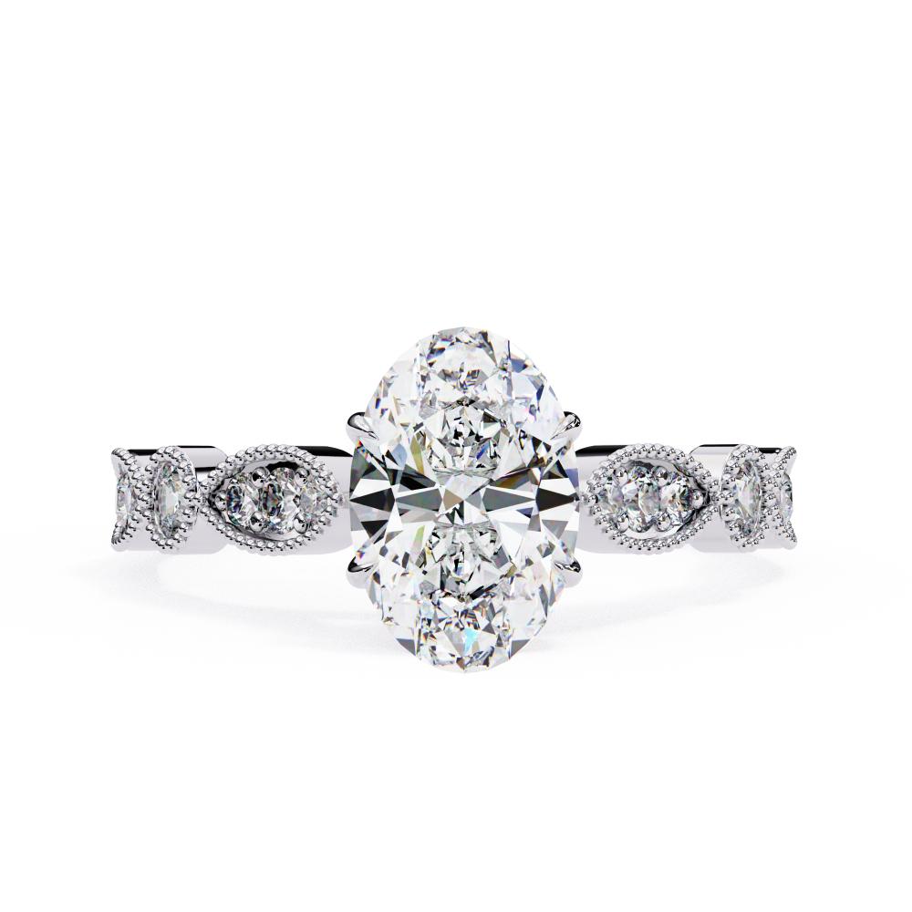White Gold Milgrain Cathedral engagement ring with oval shape diamond