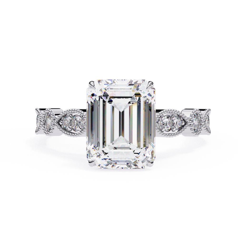 White Gold Milgrain Cathedral engagement ring with emerald diamond