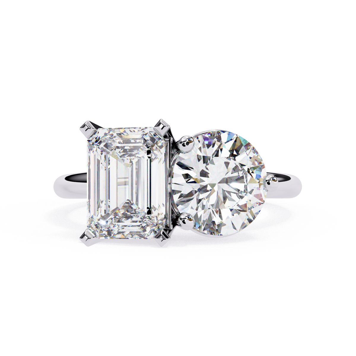 Emerald and round lab grown diamond Toi Et Moi engagement ring in white gold