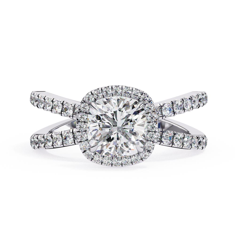 Cushion halo diamond ring in white gold with crossover design