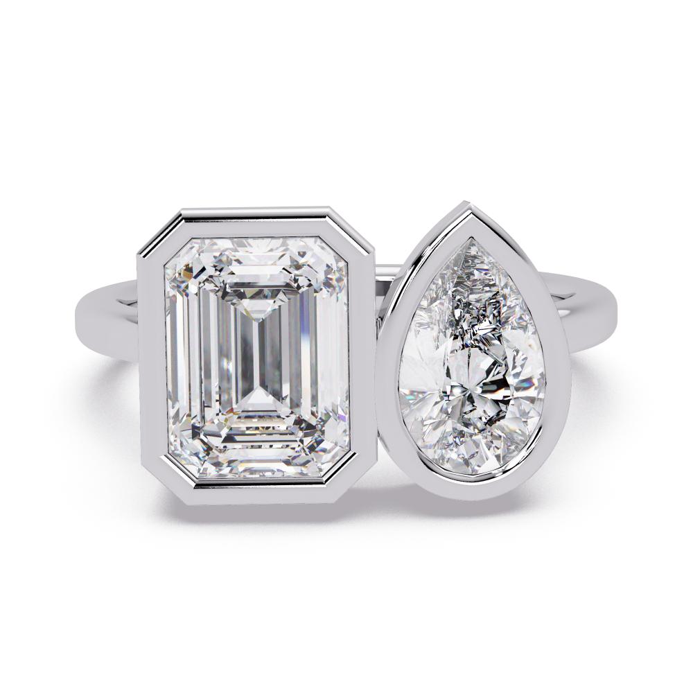Pear and emerald diamond bezel Toi et Moi engagement ring in white gold