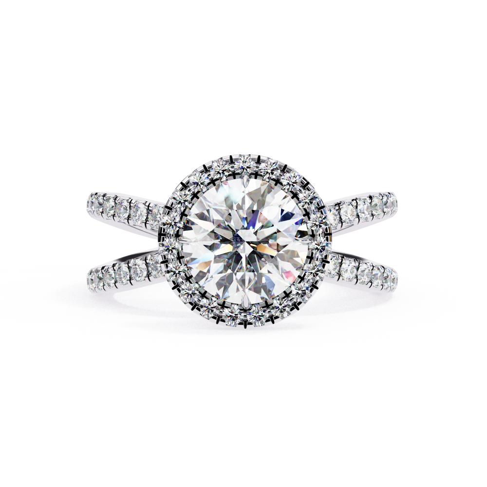 Round halo diamond ring in white gold with crossover design