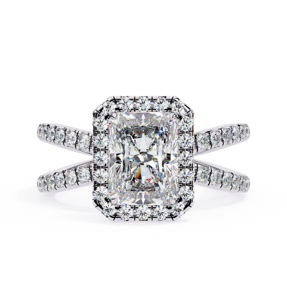 Radiant halo diamond ring in white gold with crossover design