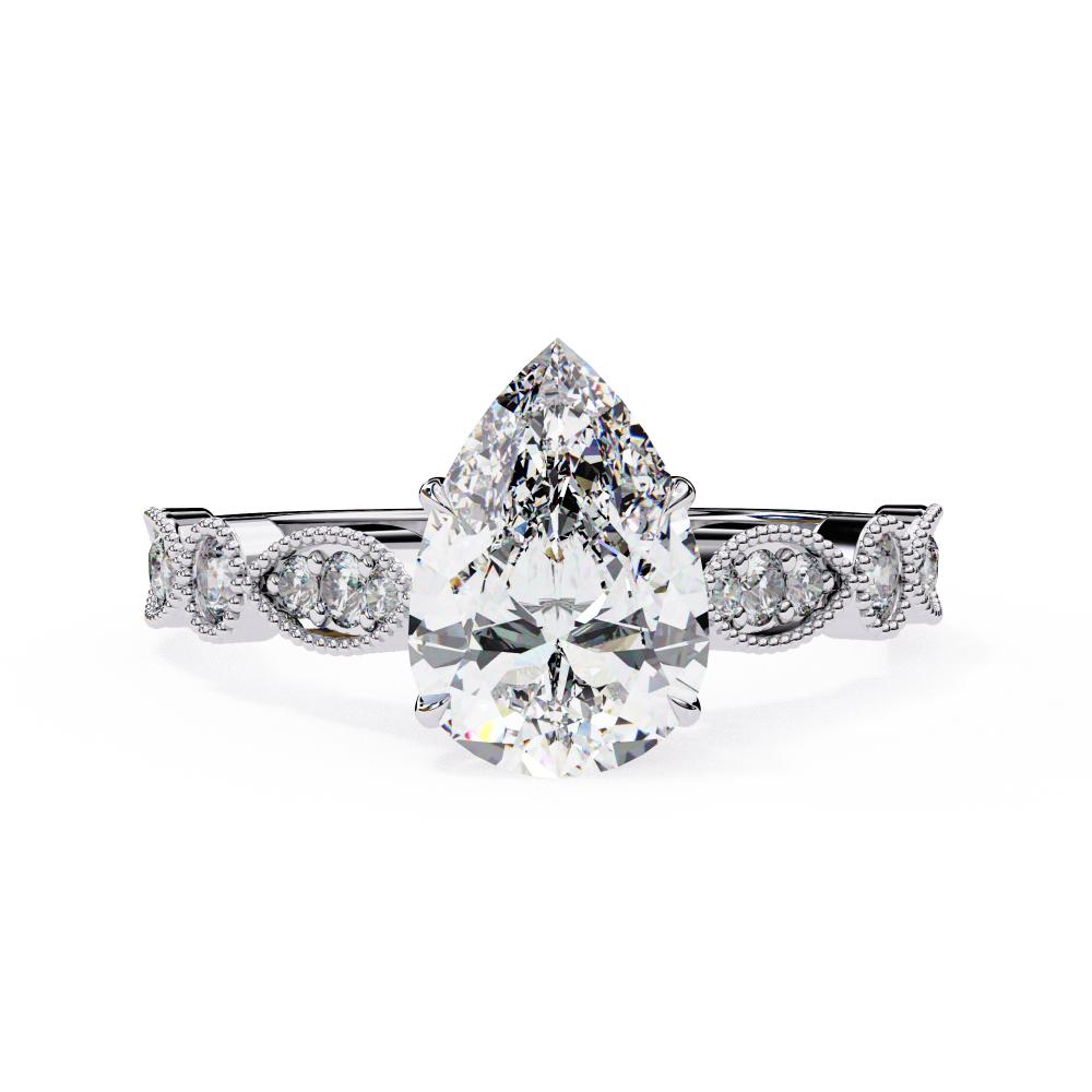 White Gold Milgrain Cathedral engagement ring with pear shape diamond
