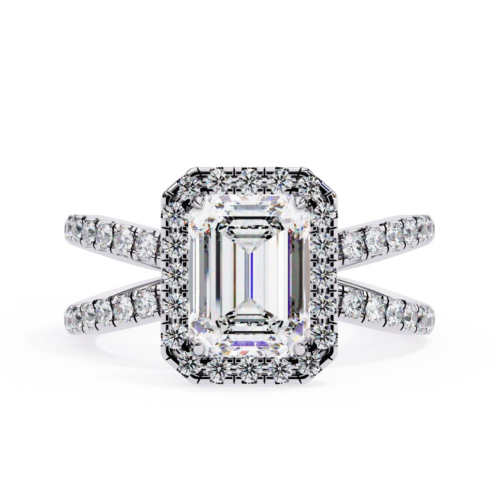 Emerald halo diamond ring in white gold with crossover design