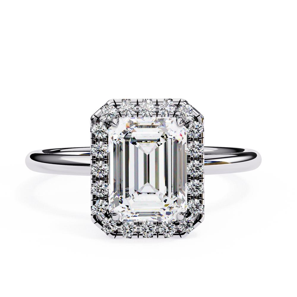 Round Brilliant Halo Emerald-Cut Diamond Ring in White Gold