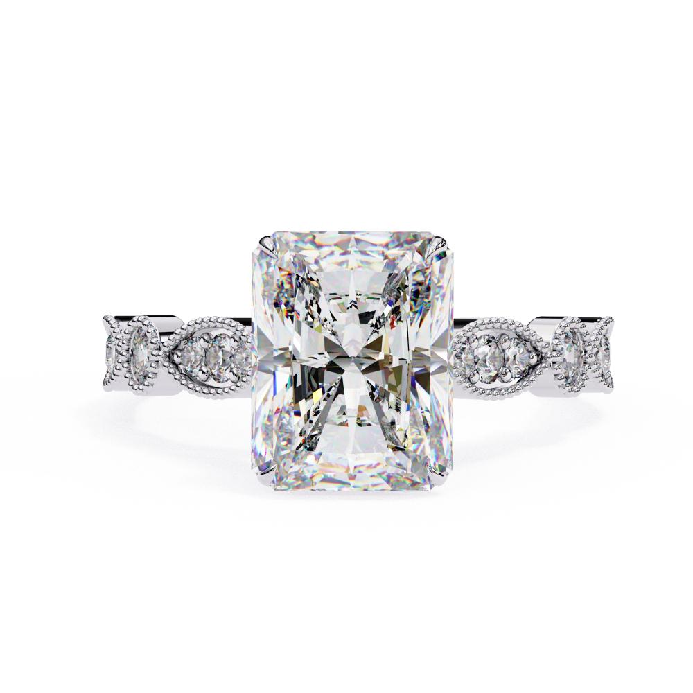 White Gold Milgrain Cathedral engagement ring with radiant-cut diamond
