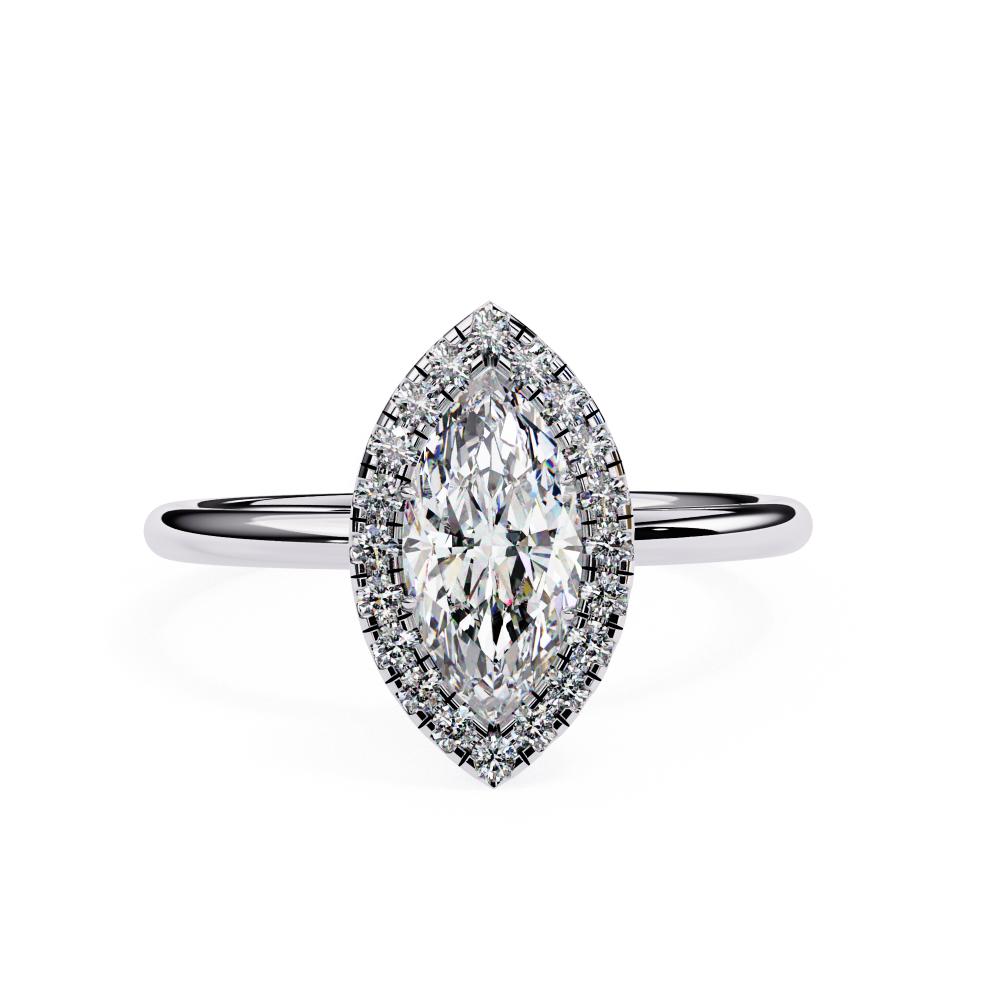 Round Brilliant Halo Marquise-Cut Diamond Ring in White Gold