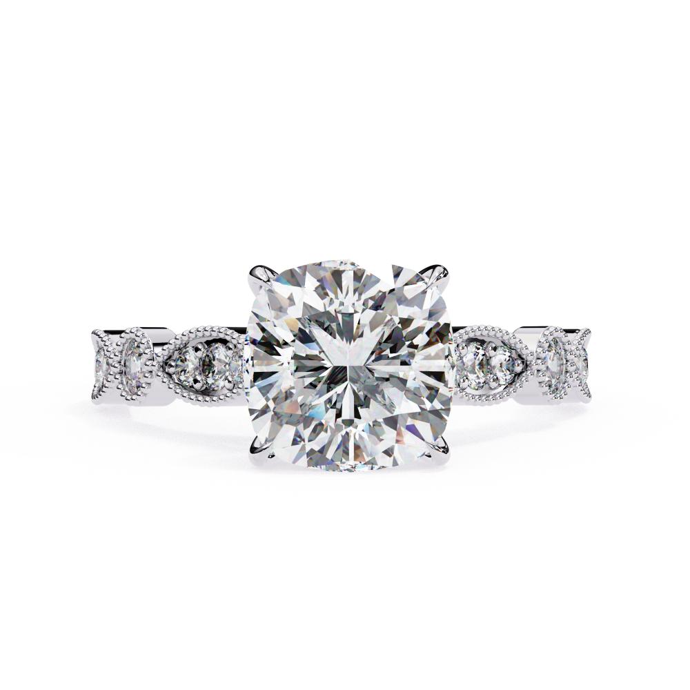White Gold Milgrain Cathedral engagement ring with cushion-cut diamond