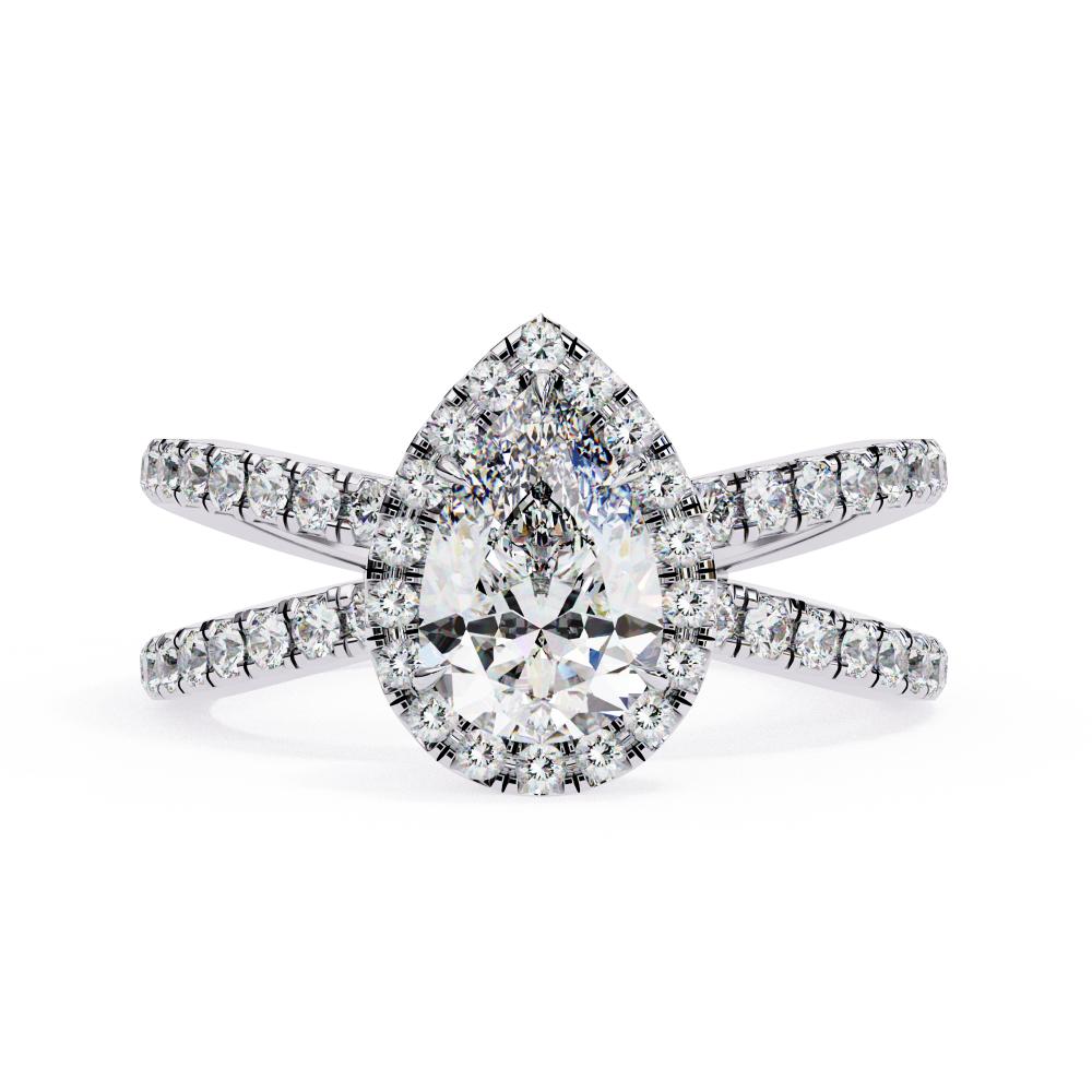Pear halo diamond ring in white gold with crossover design