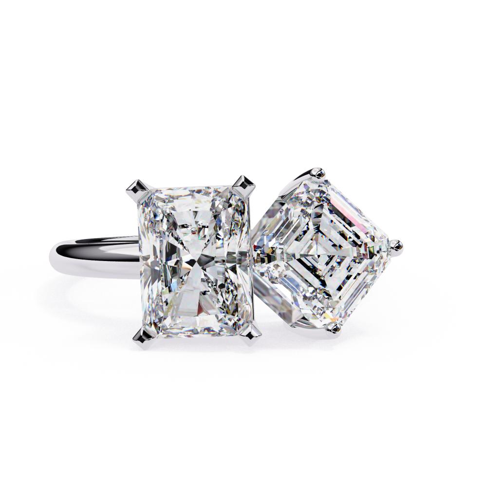 Radiant and Asscher lab grown diamond Toi Et Moi engagement ring in white gold