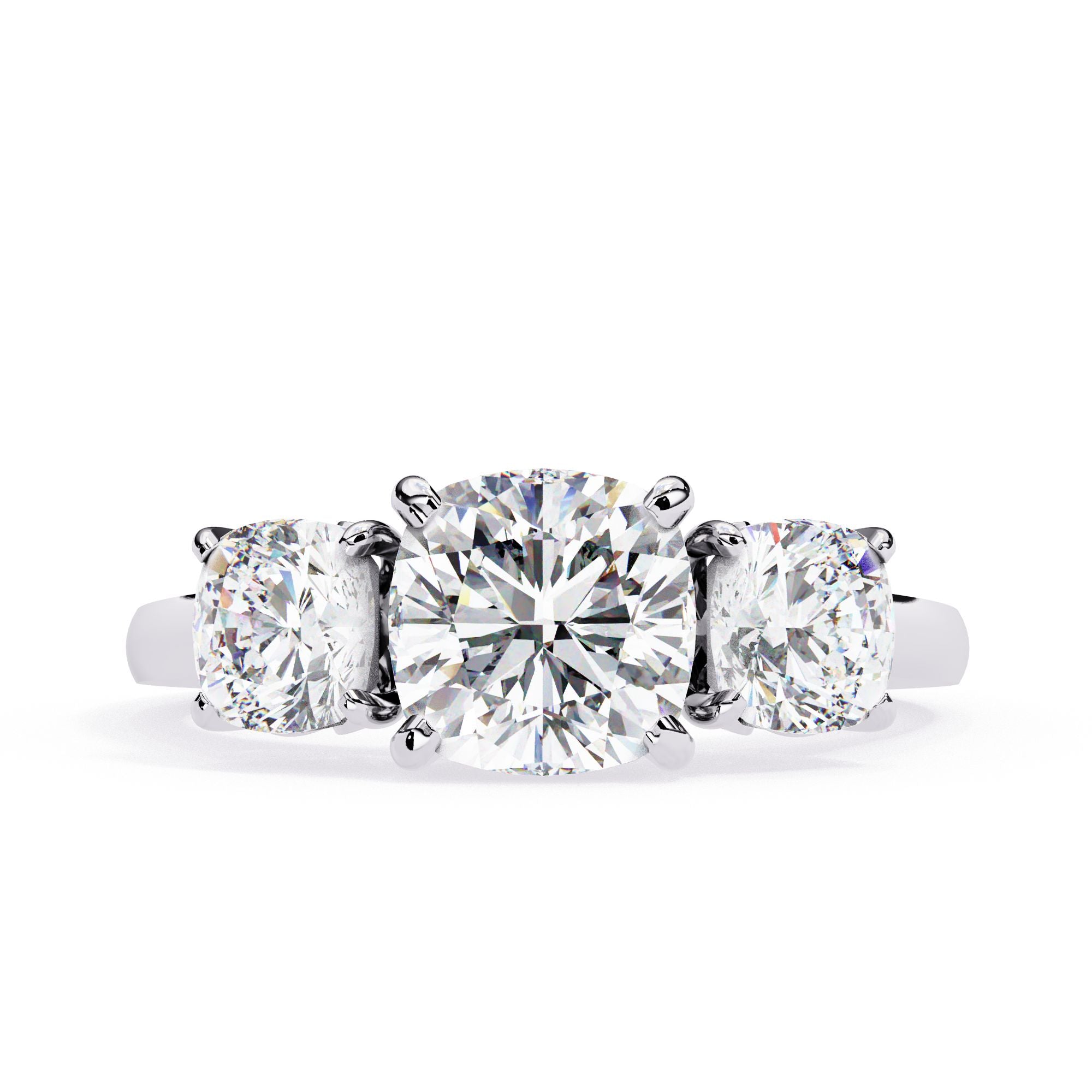 Lab grown cushion cut three-stone diamond ring in white gold