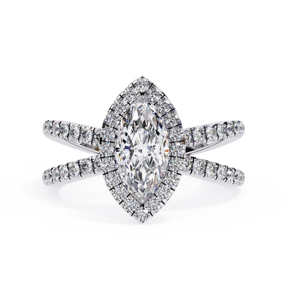 Marquise halo diamond ring in white gold with crossover design