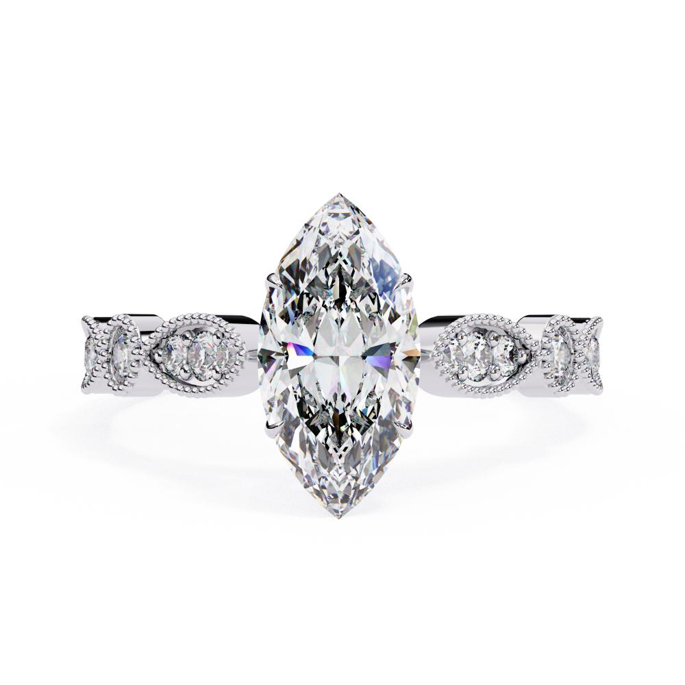 White Gold Milgrain Cathedral engagement ring with marquise diamond