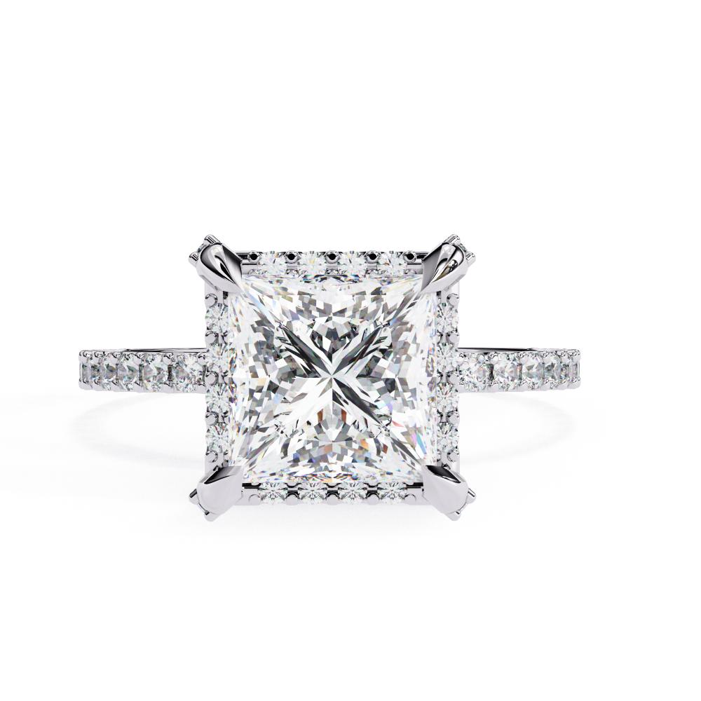 Princess cut diamond halo engagement ring in white gold