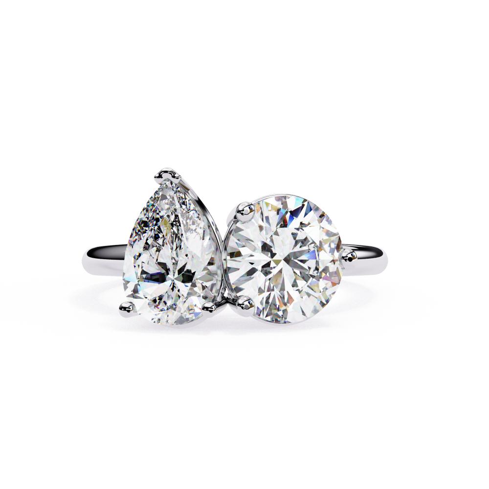 Pear and Round Shape Two-Stone Diamond Ring in White Gold