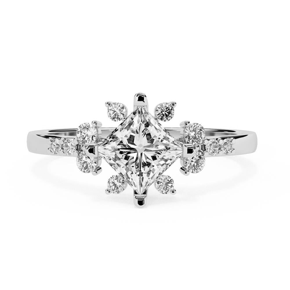 Princess cut diamond floral cluster engagement ring in white gold
