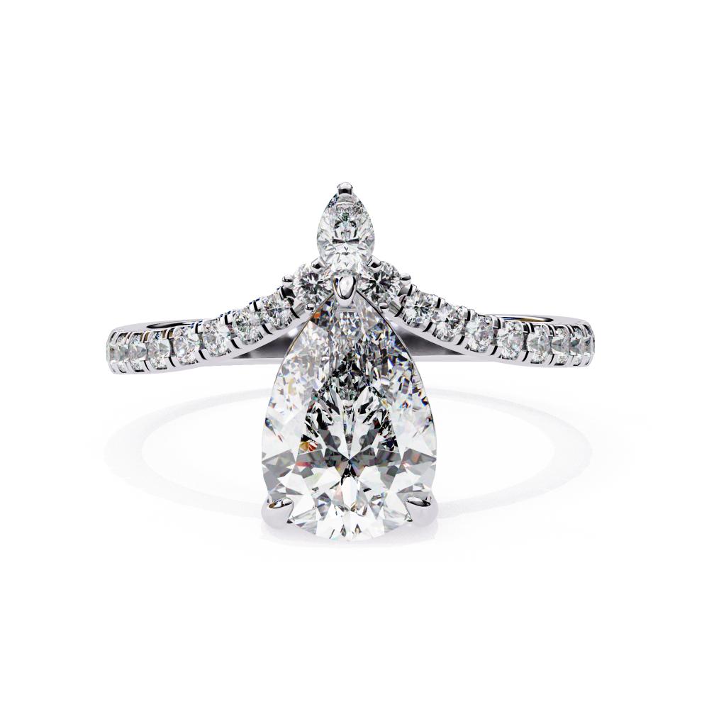 Pear cut diamond tiara style engagement ring in white gold