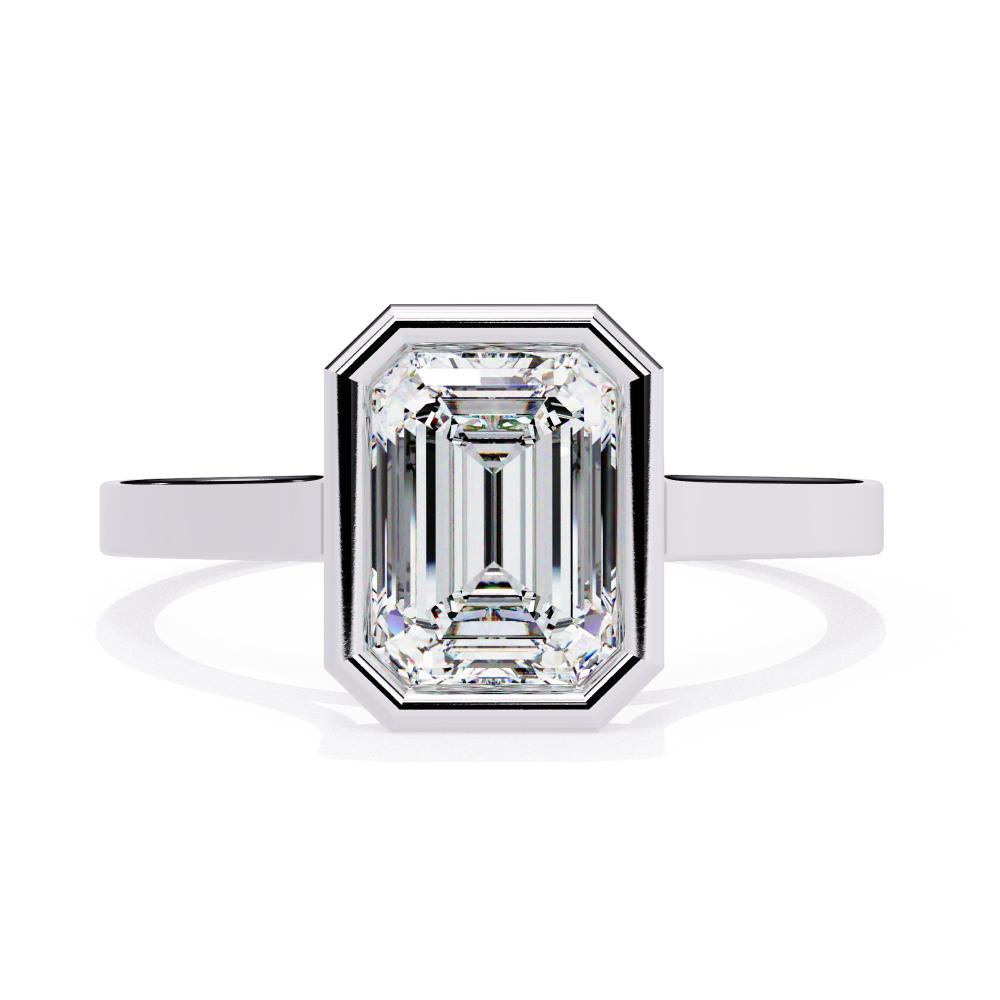 Bezel Floating Emerald Cut Solitaire Diamond Engagement Ring in White Gold