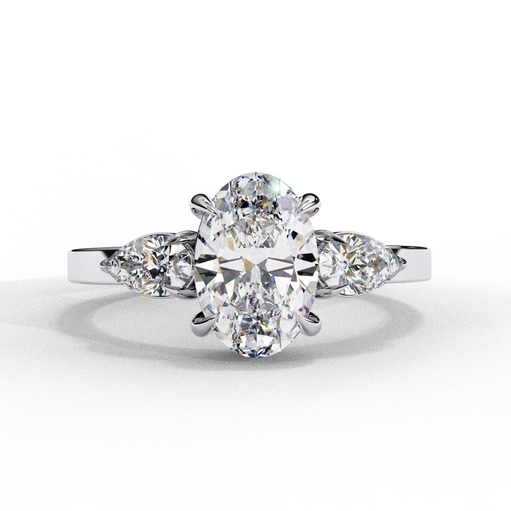 Oval Shape Diamond Ring with Pear Side Stones in White Gold