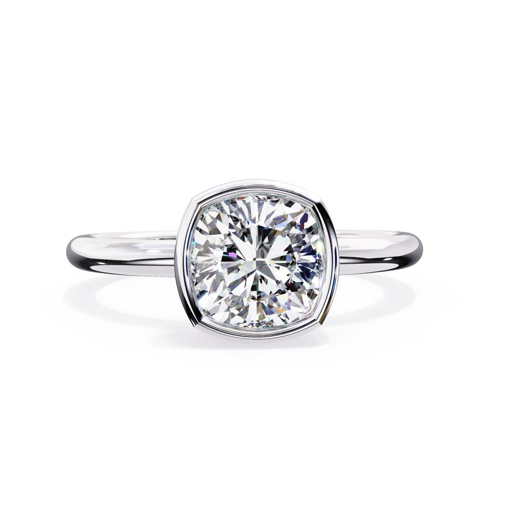 Bezel Floating Cushion Cut Solitaire Diamond Engagement Ring in White Gold