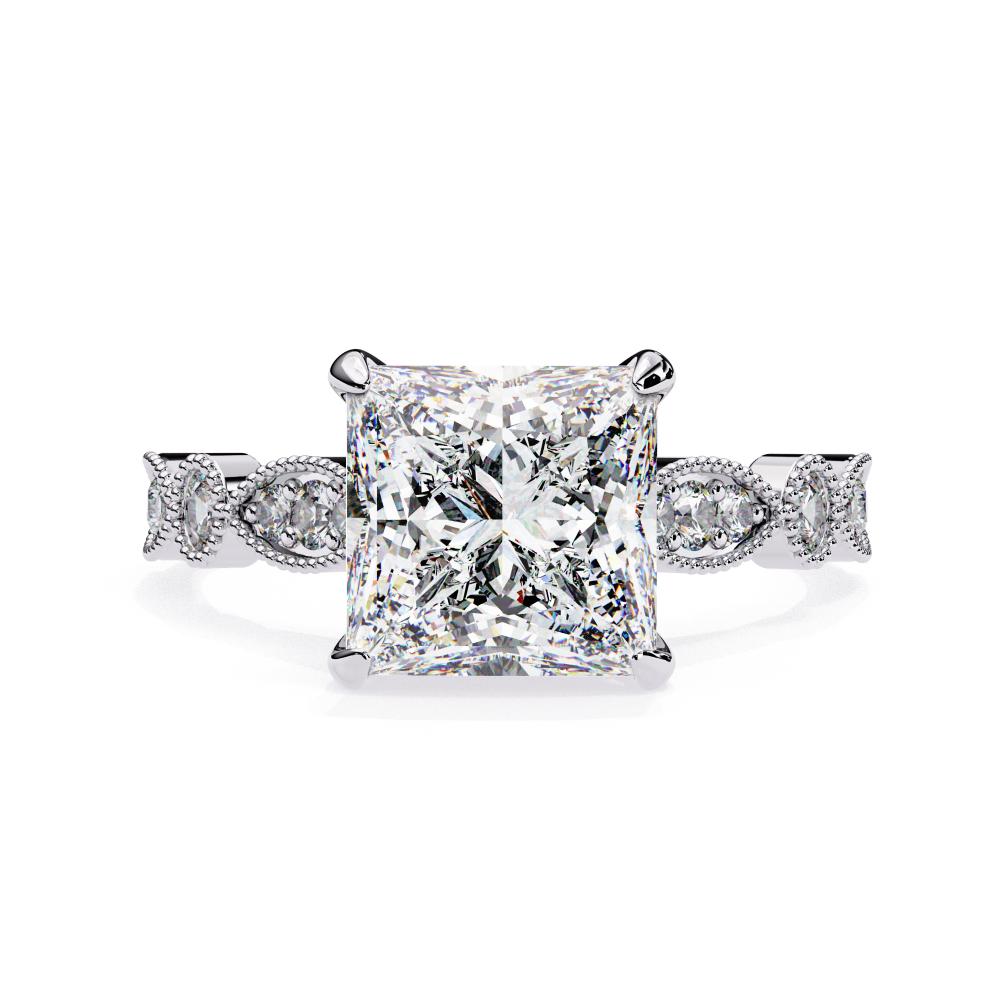 White Gold Milgrain Cathedral engagement ring with princess-cut diamond