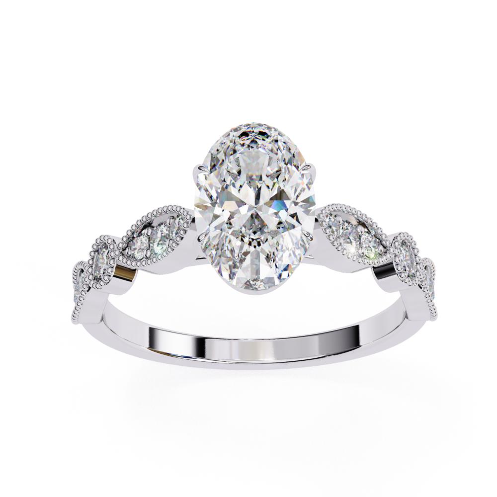 White Gold engagement ring with oval diamond and Milgrain details