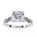 White Gold engagement ring with cushion diamond and Milgrain details