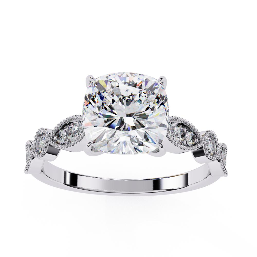 White Gold engagement ring with cushion diamond and Milgrain details