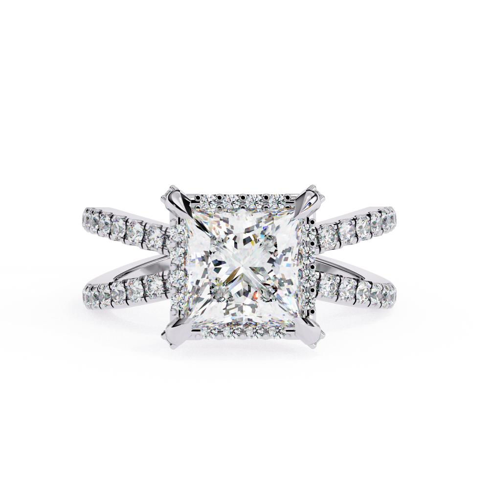Princess halo diamond ring in white gold with crossover design
