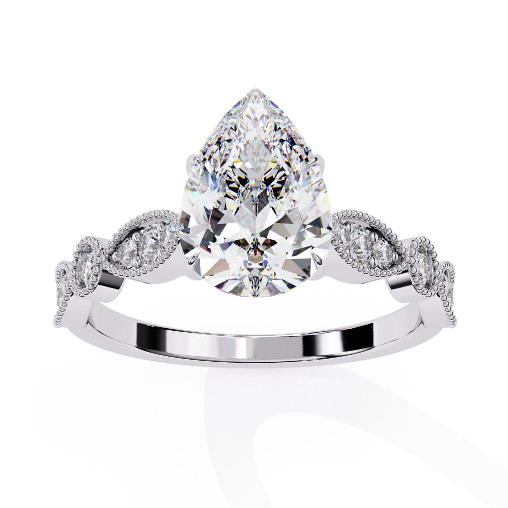 White Gold engagement ring with pear diamond and Milgrain details