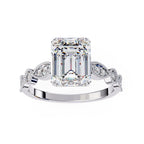White Gold engagement ring with emerald diamond and Milgrain details