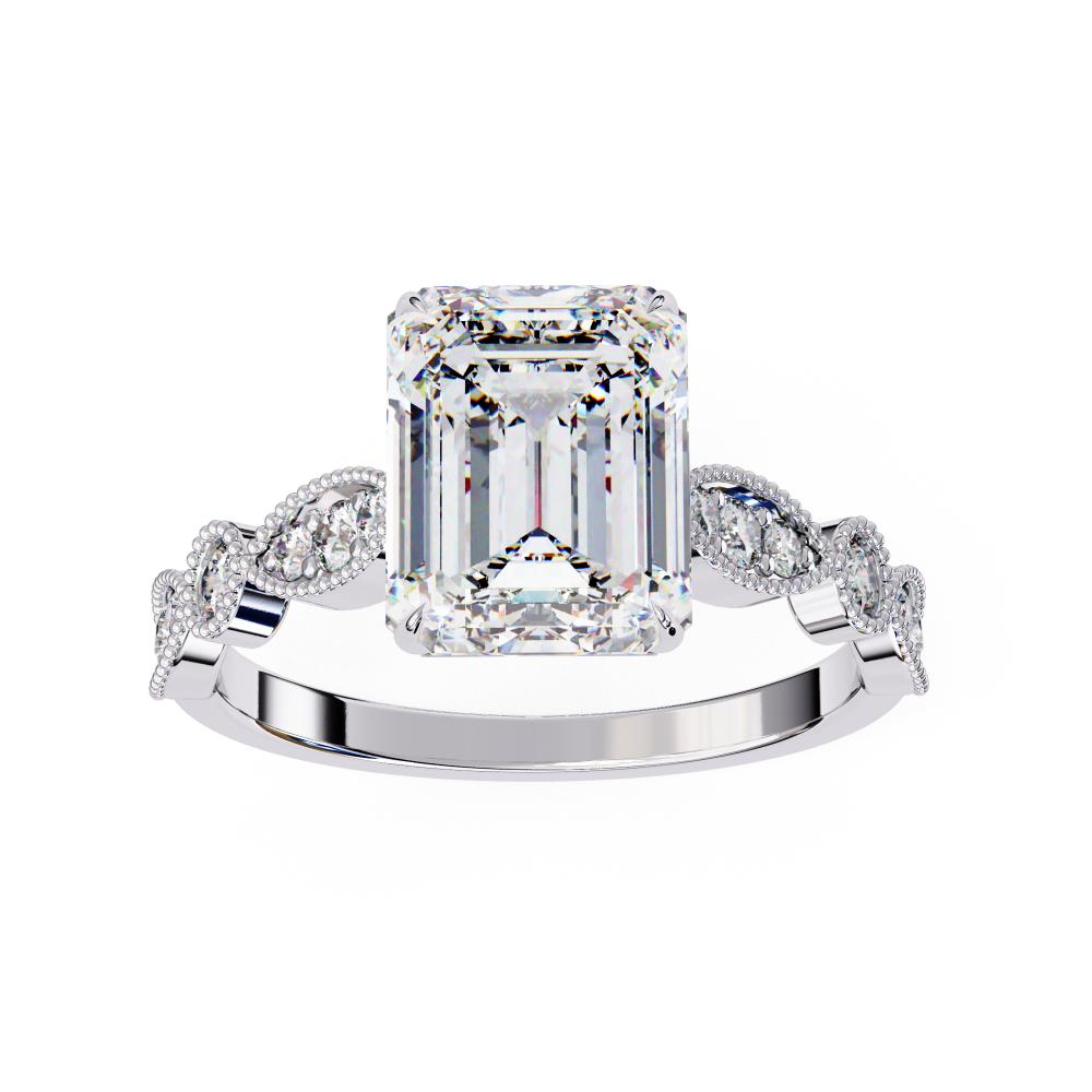 White Gold engagement ring with emerald diamond and Milgrain details