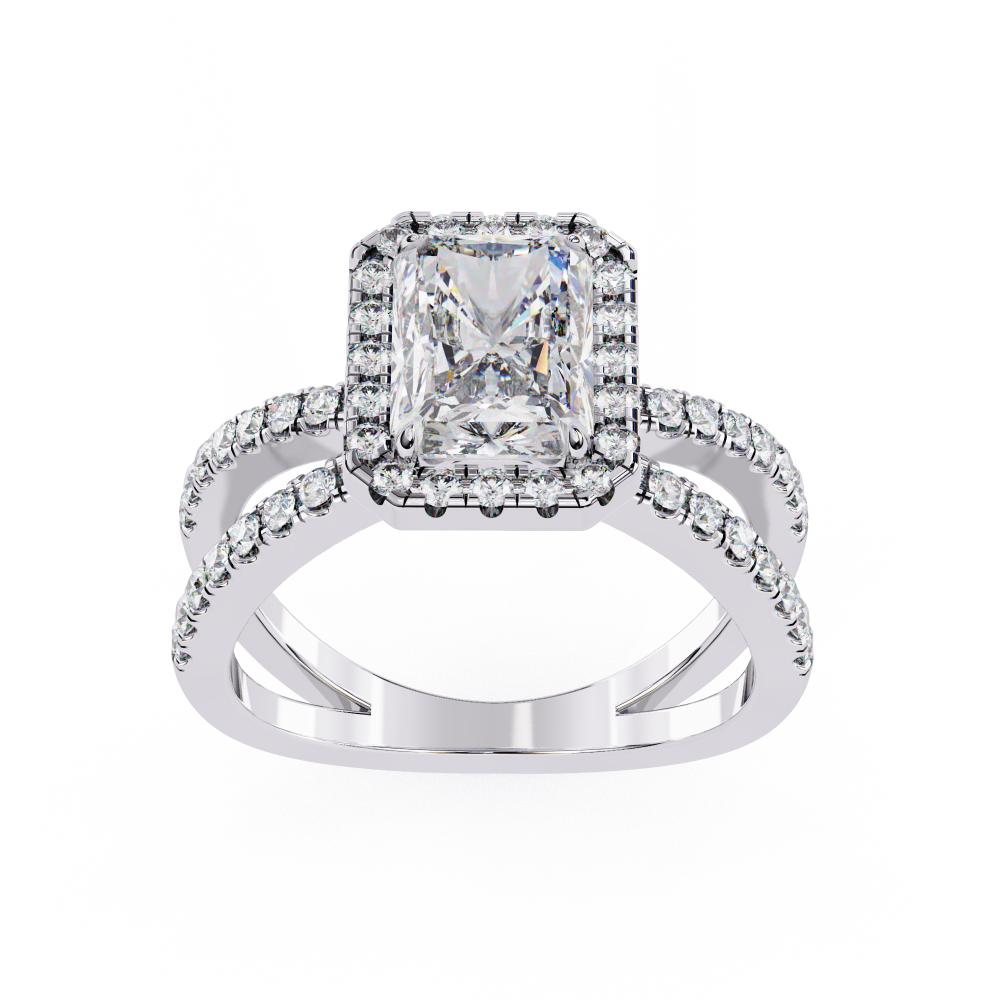 Radiant halo diamond engagement ring in white gold with crossover design