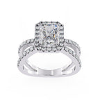 Radiant halo diamond engagement ring in white gold with crossover design