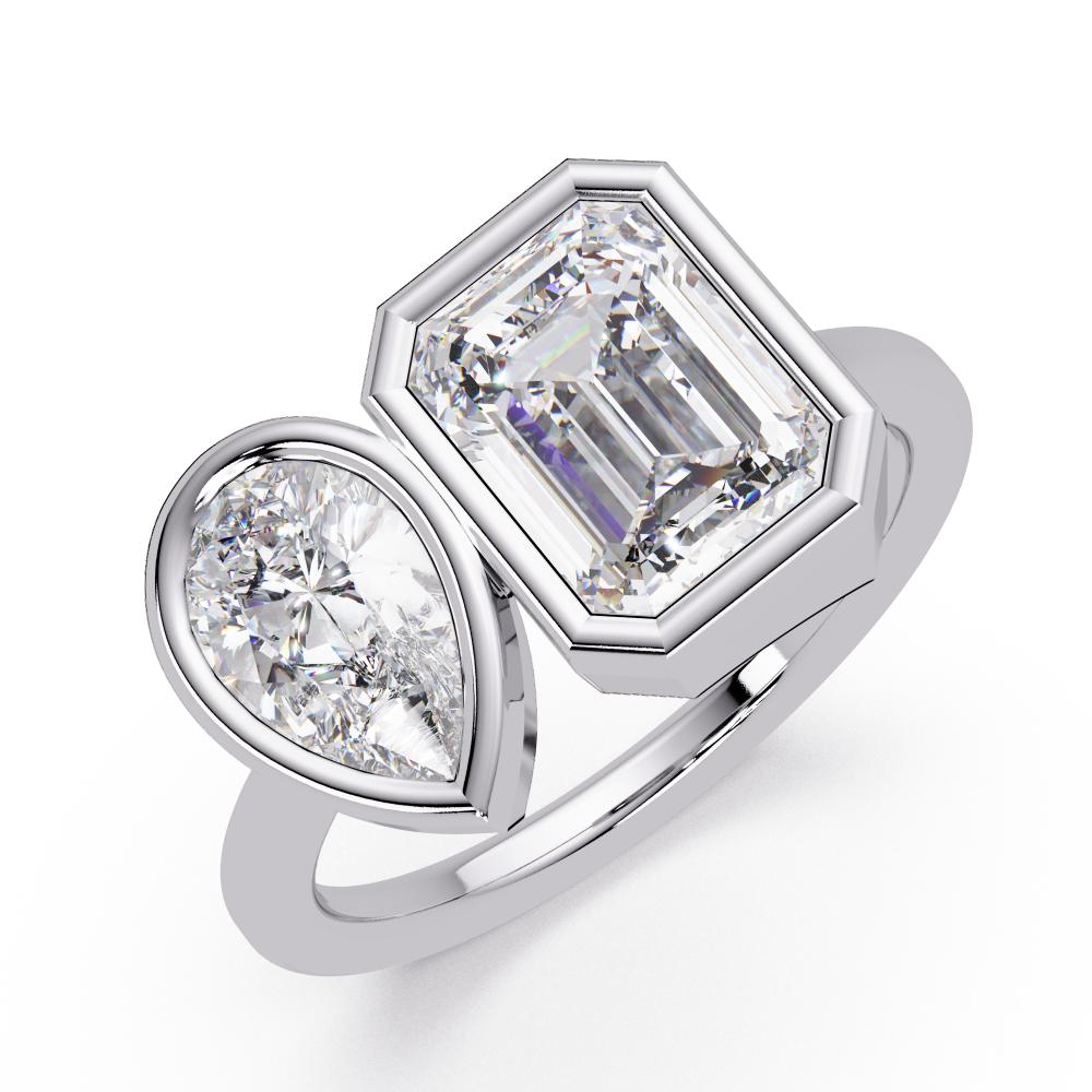 Pear and emerald lab grown diamond bezel Toi et Moi engagement ring in rose gold