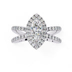Marquise halo diamond engagement ring in white gold with crossover design