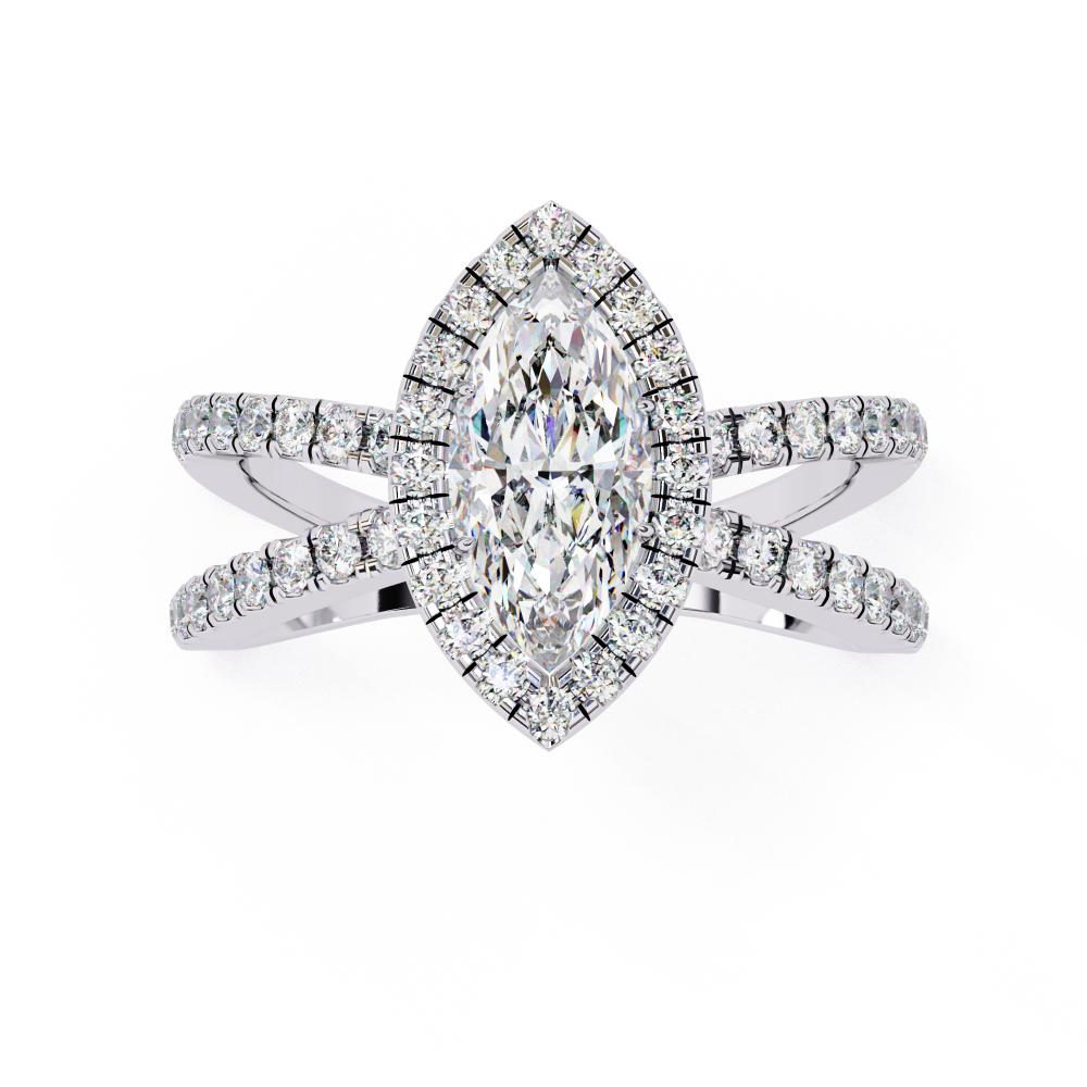 Marquise halo diamond engagement ring in white gold with crossover design