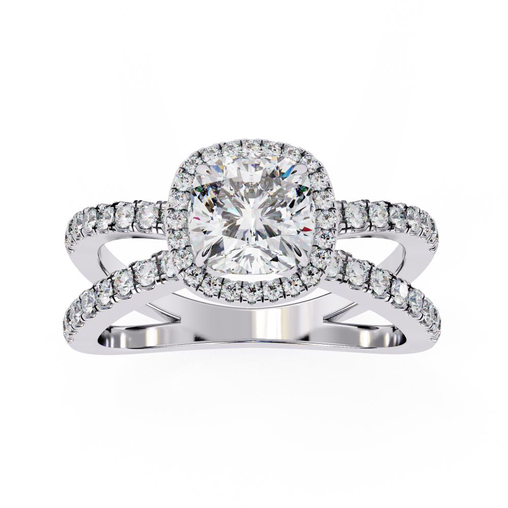 Cushion halo diamond engagement ring in white gold with crossover design