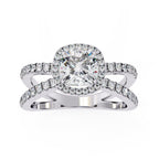Cushion halo diamond engagement ring in white gold with crossover design