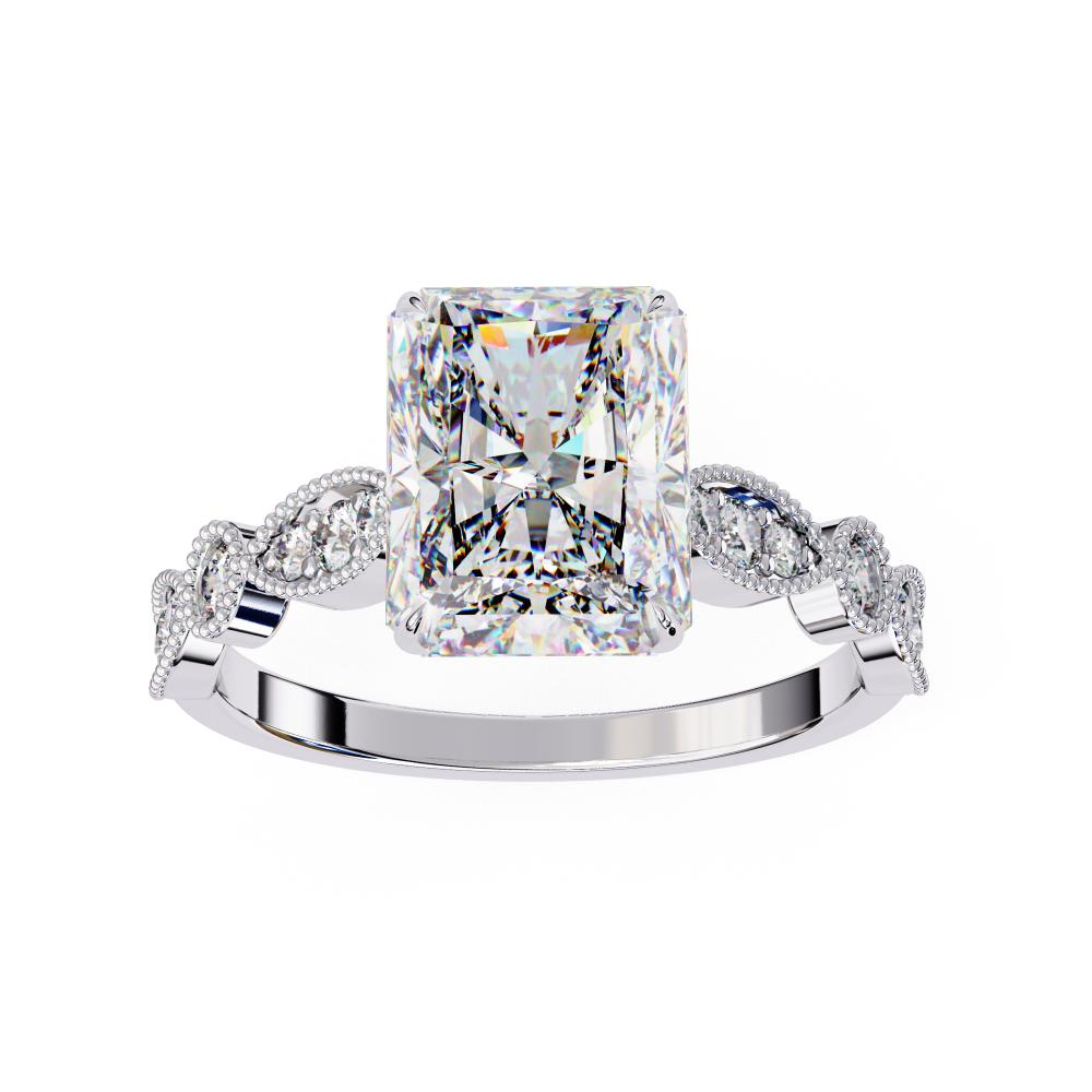 White Gold engagement ring with radiant diamond and Milgrain details