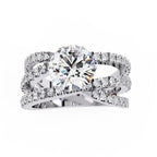 Round solitaire diamond engagement ring with criss-cross white gold band
